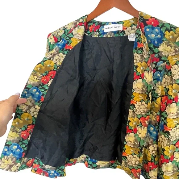 Albert Nipon VTG Womens Silk Colorful Floral Button Front Cropped Blazer Size 8 - Picture 4 of 9